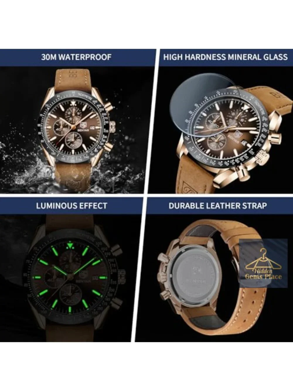 Men's Chronograph Quartz Watch Waterproof Luminous Stainless Steel
